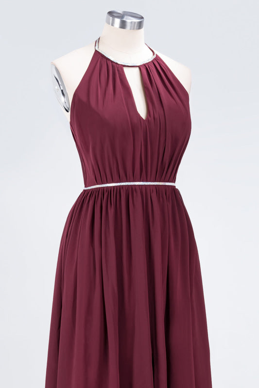 Halter Burgundy Bridesmaid Dress Long with Beadings