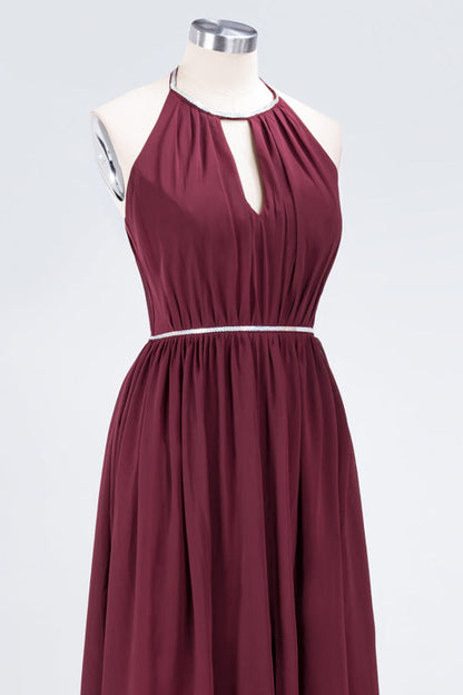Halter Burgundy Bridesmaid Dress Long with Beadings