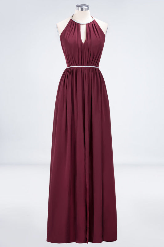 Halter Burgundy Bridesmaid Dress Long with Beadings