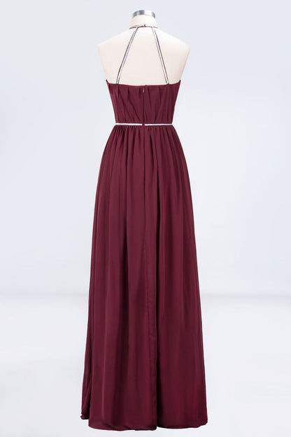 Halter Burgundy Bridesmaid Dress Long with Beadings