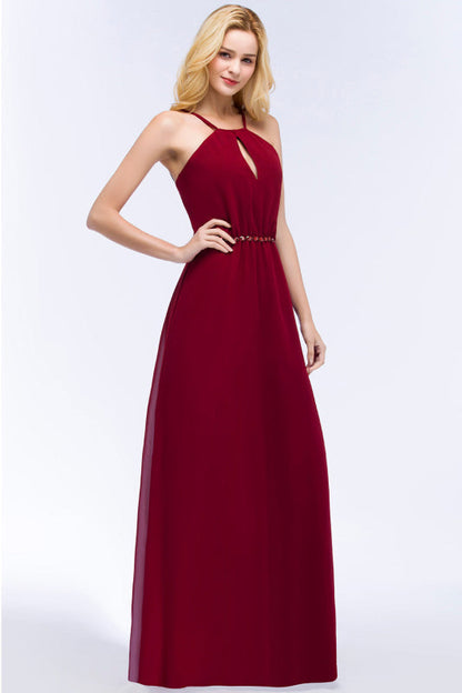 Halter Chiffon Burgundy A-line Wedding Guest Dress