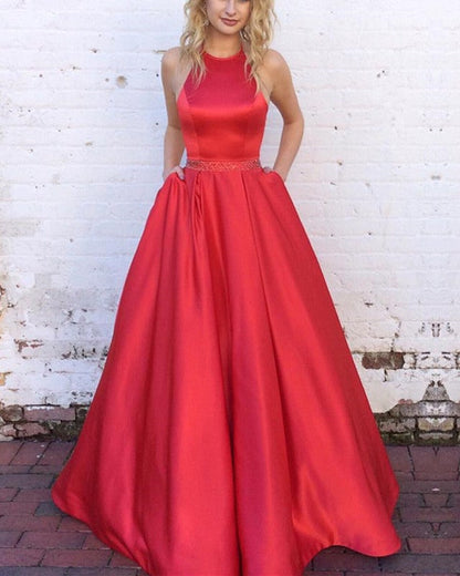 halter long satin ball gowns prom dresses open back
