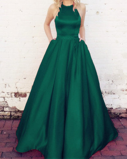 halter long satin ball gowns prom dresses open back