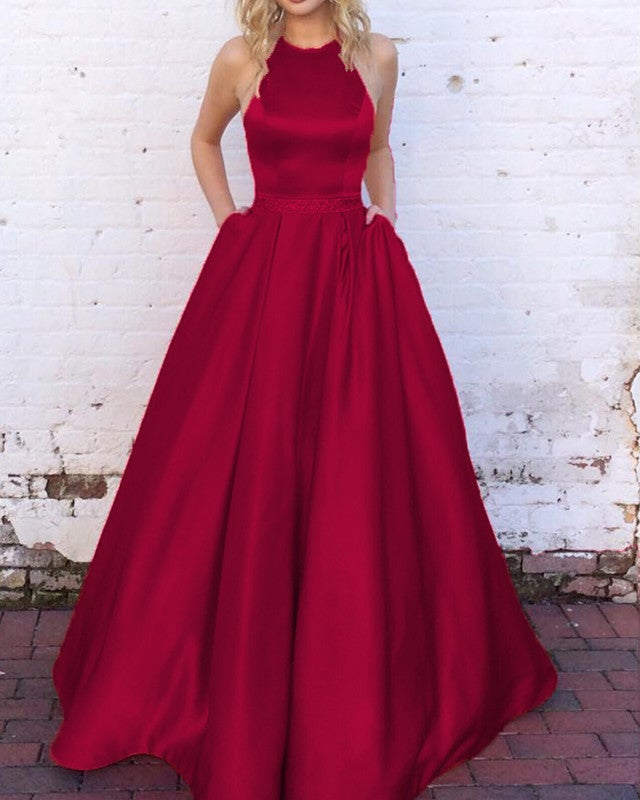 halter long satin ball gowns prom dresses open back