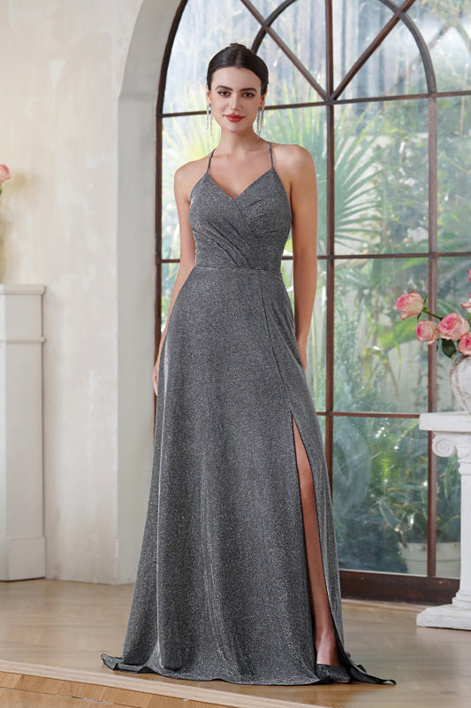 Halter Prom Dress with High Slit Sleeveless Pleated Glitter V-neck Party Dress with Pocket