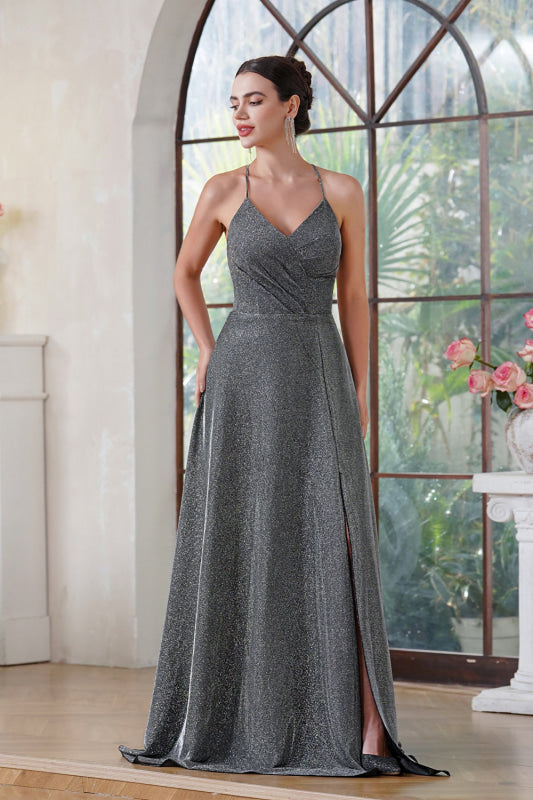 Halter Prom Dress with High Slit Sleeveless Pleated Glitter V-neck Party Dress with Pocket