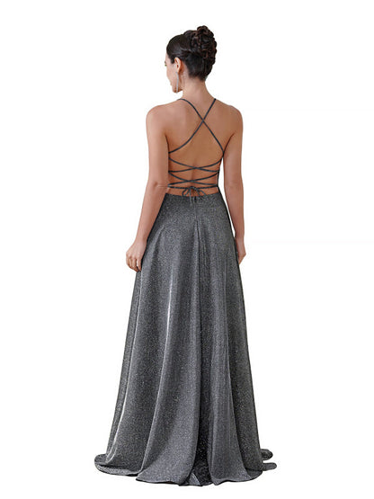 Halter Prom Dress with High Slit Sleeveless Pleated Glitter V-neck Party Dress with Pocket