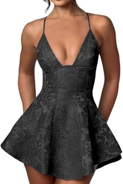 Halter Satin Mini Party Dress Ruffle Jacquard Homecoming Dress with Cross Straps