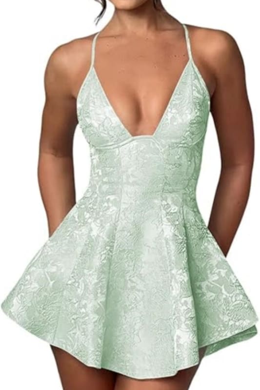 Halter Satin Mini Party Dress Ruffle Jacquard Homecoming Dress with Cross Straps
