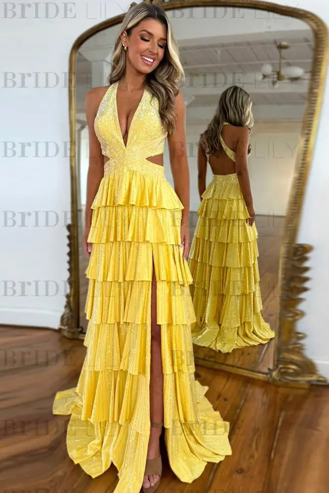 Halter Sequined Aline Prom Dress V-Neck Long Evening Dress with Split