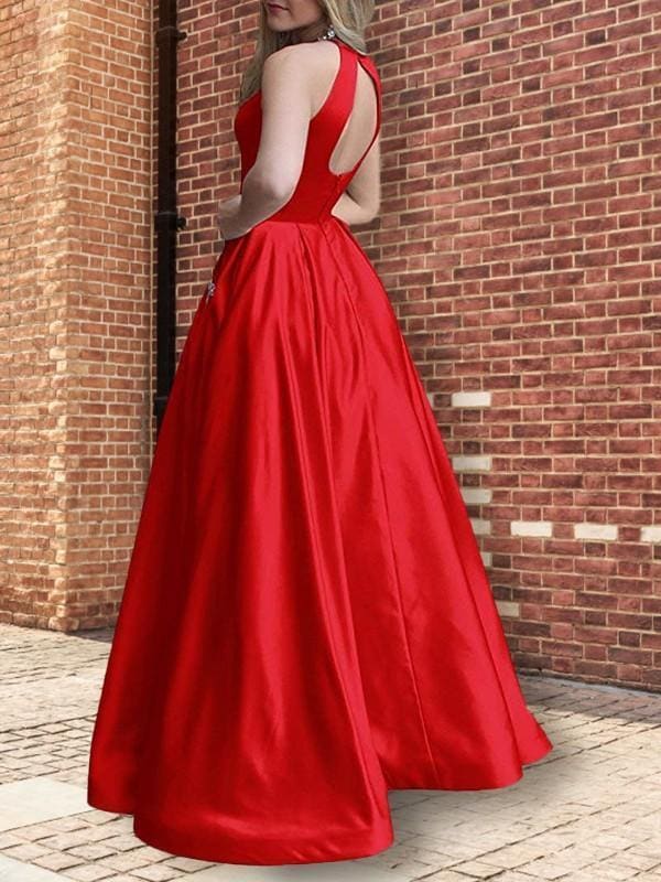 Halter Sleeveless Floor-Length A-line Satin Party Dresses With Beading