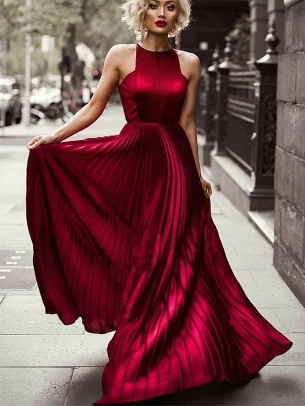 Halter Sleeveless Floor-Length Ruched Satin Dresses