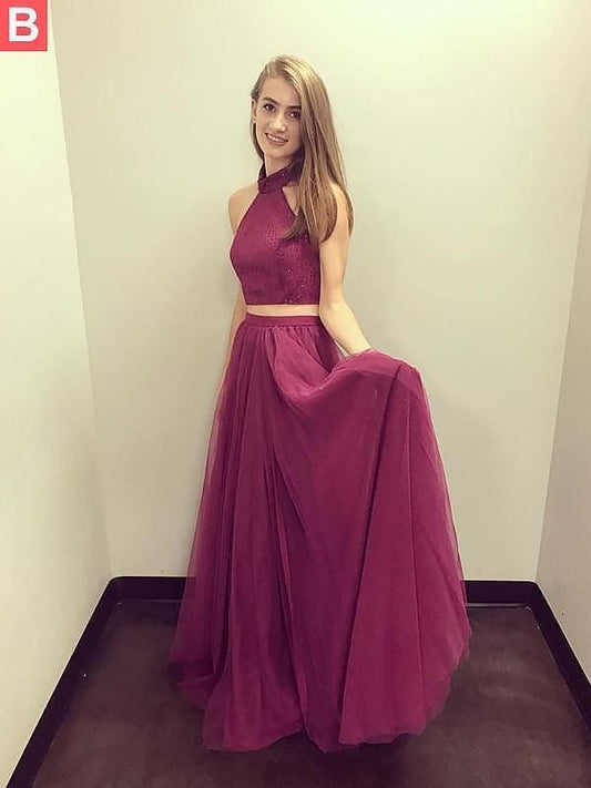 Halter Sleeveless Floor-Length With Beading Tulle Two Piece Dresses