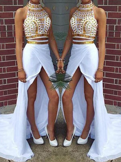 Halter Sleeveless Sweep/Brush Train With Beading Chiffon Dresses