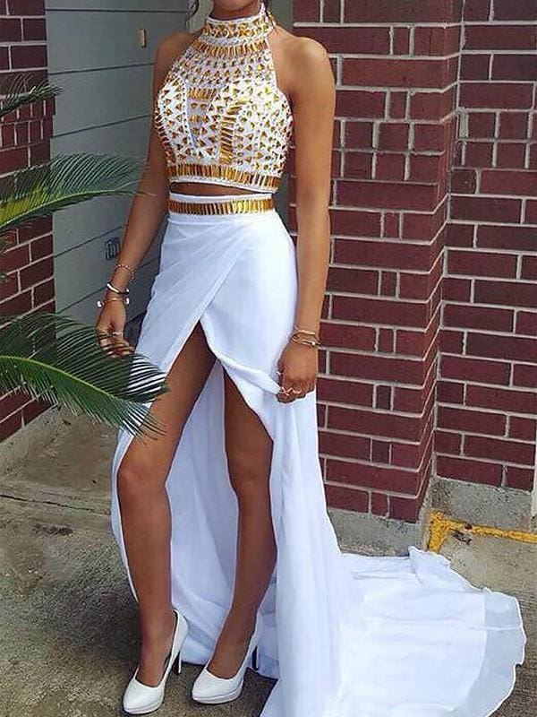 Halter Sleeveless Sweep/Brush Train With Beading Chiffon Dresses