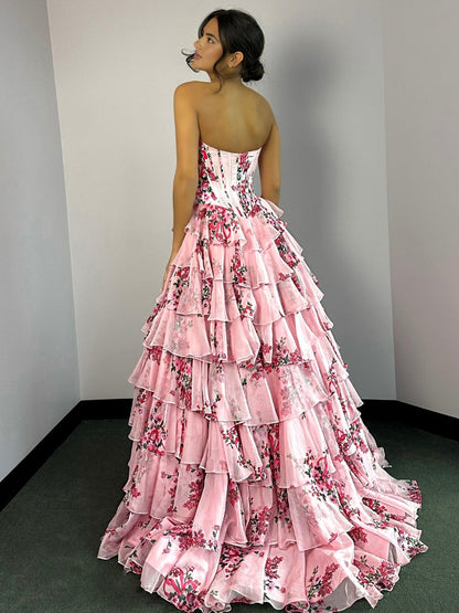 Haruko | A-Line Blush Strapless Chiffon Floral Ruffled Prom Dress With Slit