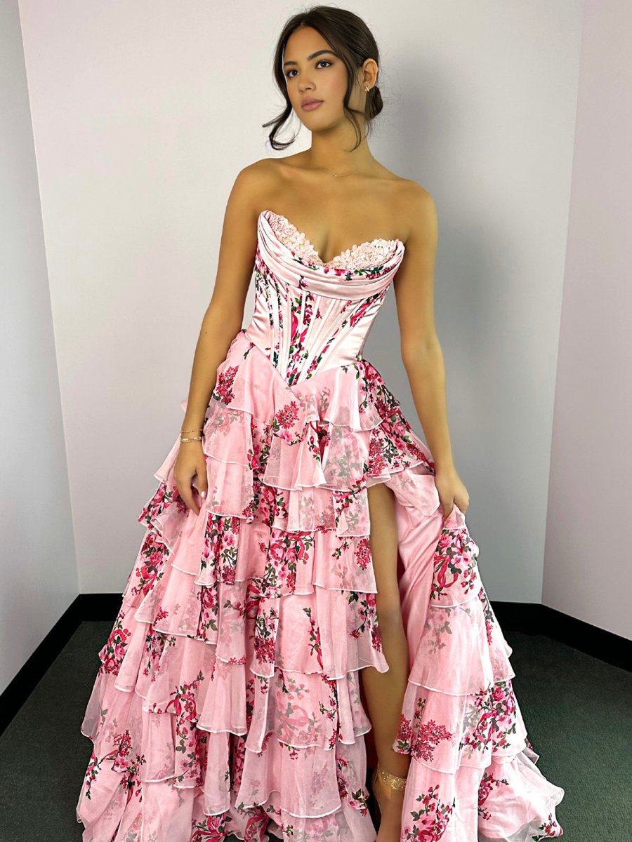 Haruko | A-Line Blush Strapless Chiffon Floral Ruffled Prom Dress With Slit