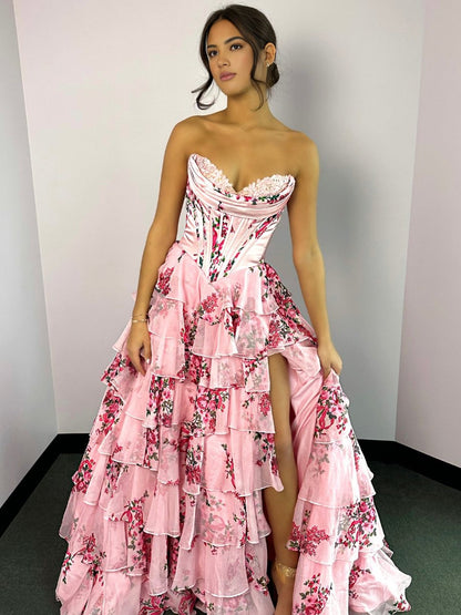 Haruko | A-Line Blush Strapless Chiffon Floral Ruffled Prom Dress With Slit