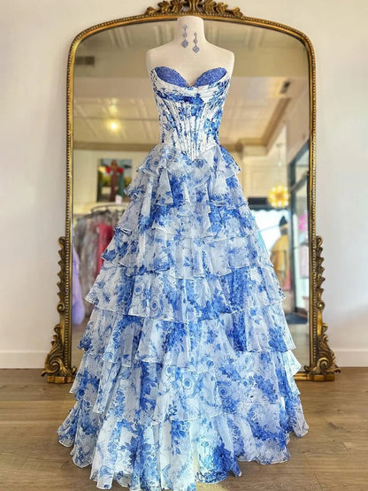 Haruko | A Line Floral Blush Tiered Chiffon Long Corset Prom Dress with Slit