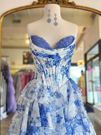 Haruko | A Line Floral Blush Tiered Chiffon Long Corset Prom Dress with Slit