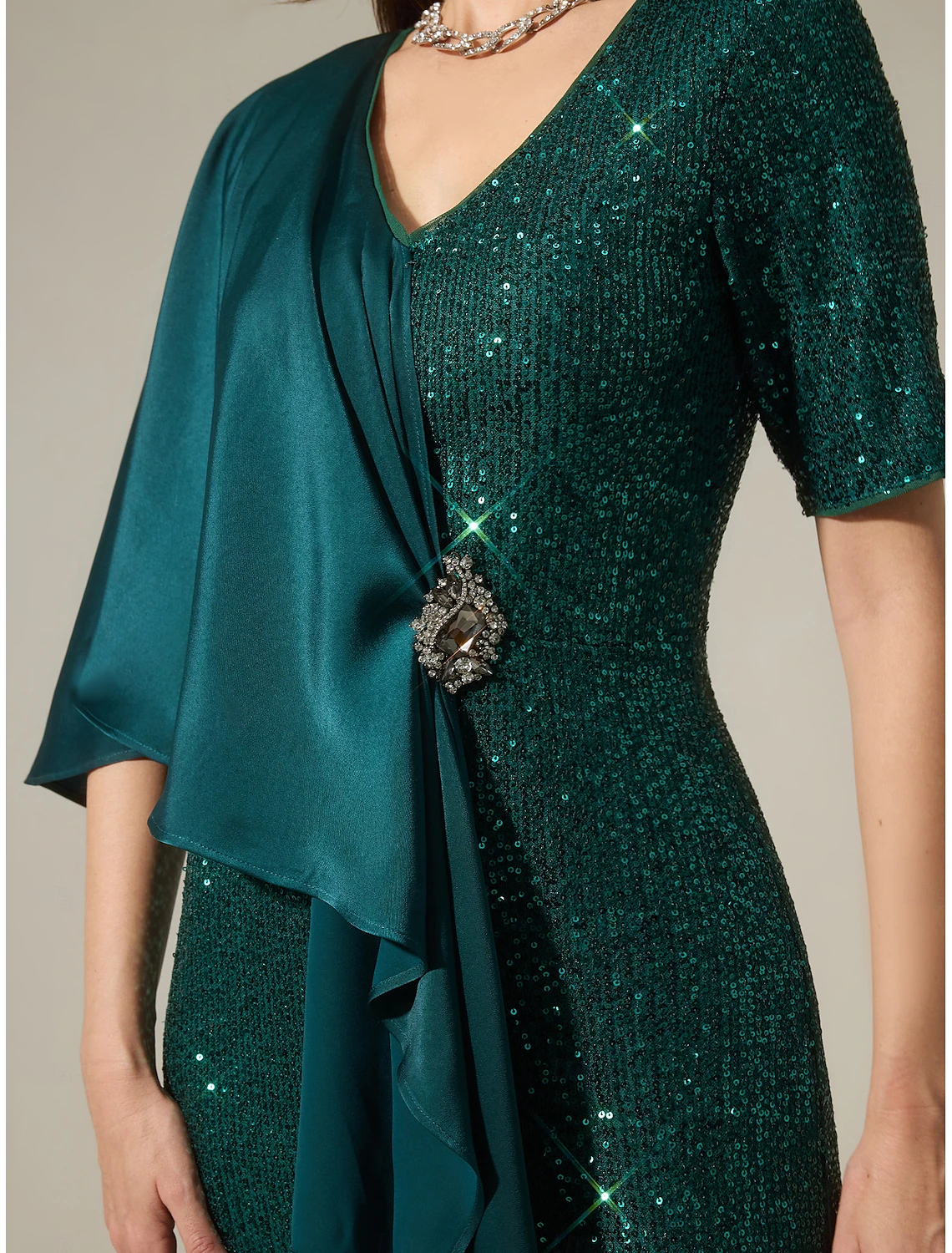 Sparkly Satin Sequin Mismatched Short Sleeve Maxi Dress Mother of the Bride Dresses