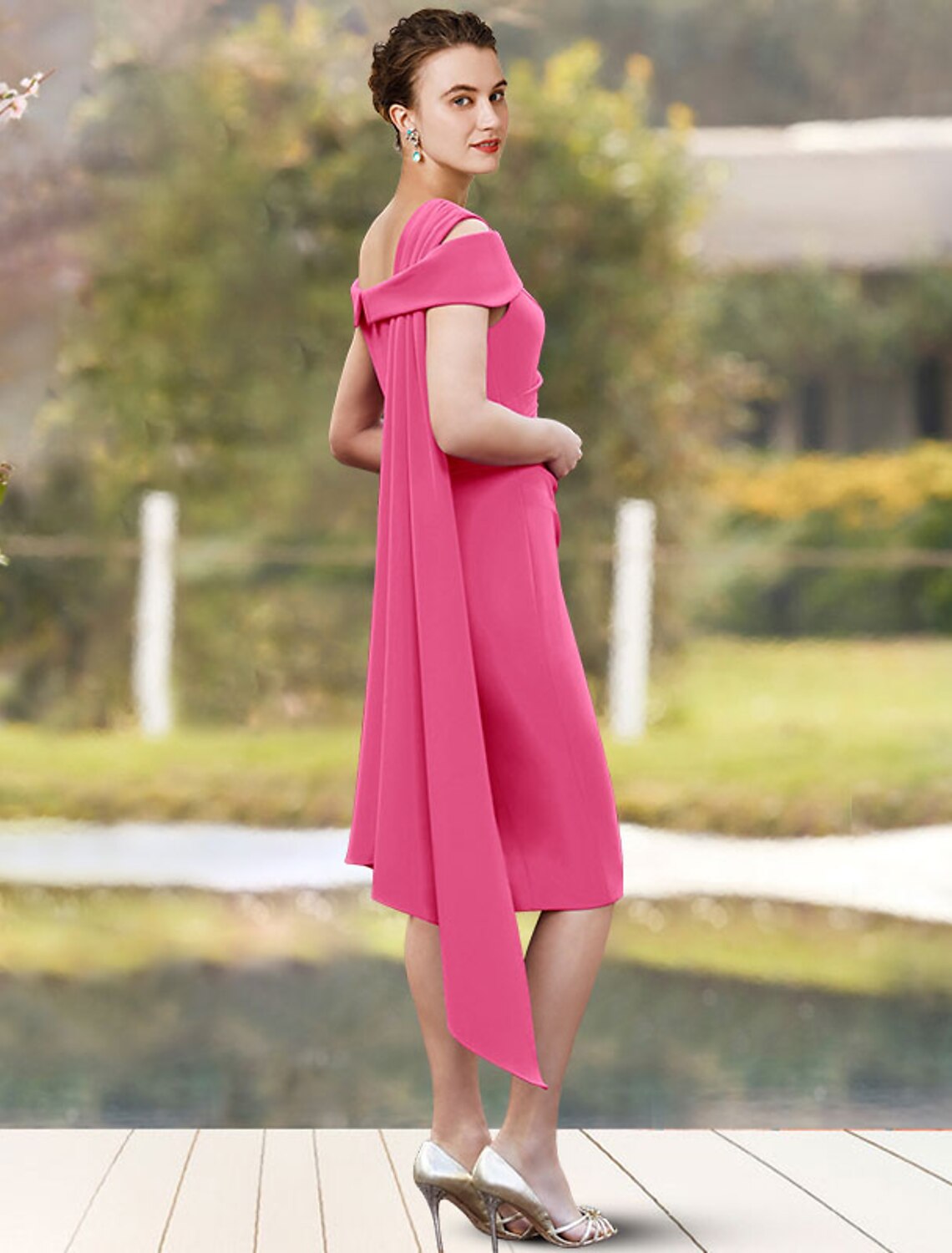 Sheath / Column Mother of the Bride Dress Wedding Guest Elegant Jewel Neck Knee Length Stretch Chiffon 3/4 Length Sleeve with Side-Draped