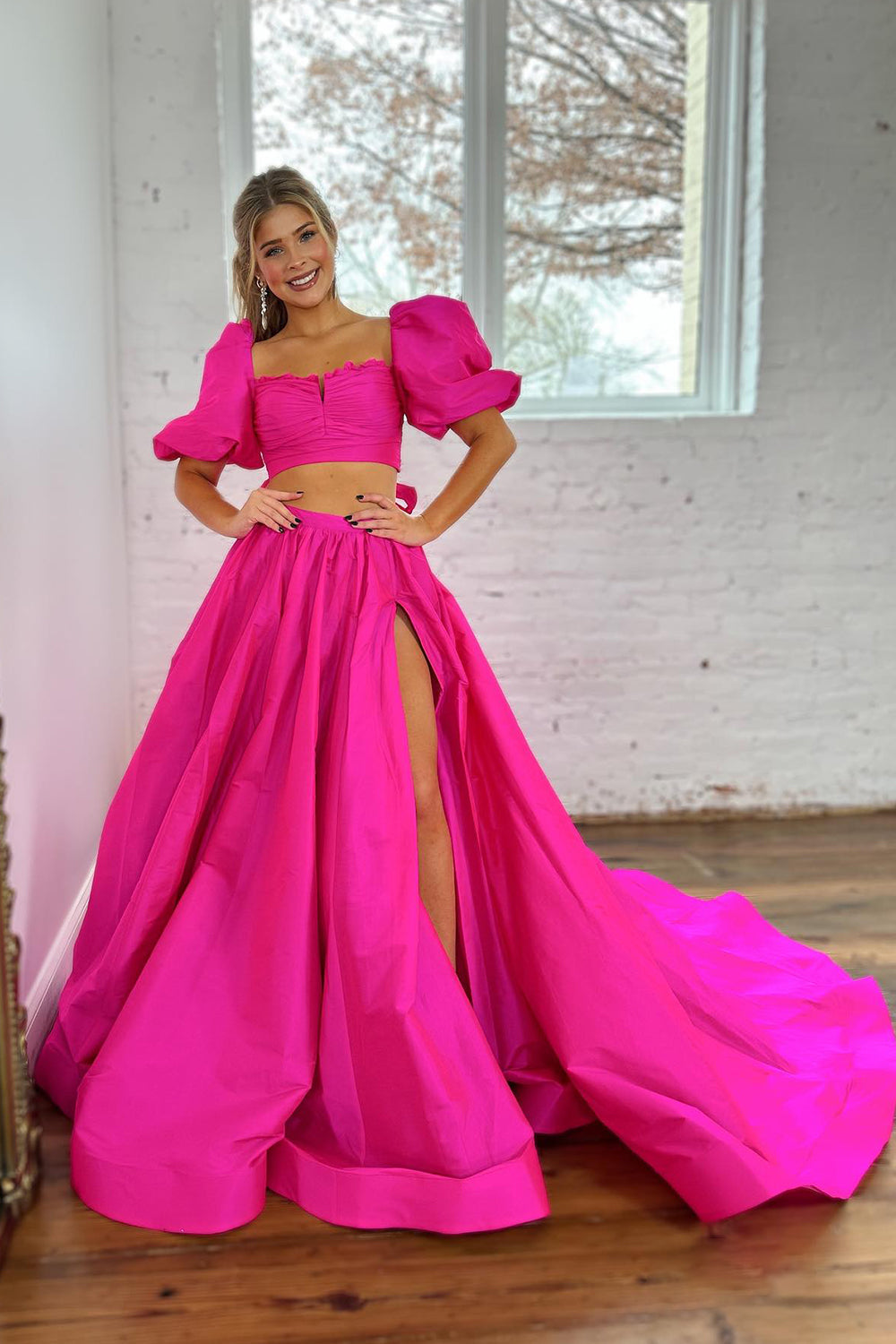 Fuchsia A Line Short Sleeves Backless Long Prom Dress With Slit Beautiful