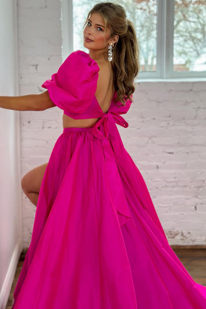 Fuchsia A Line Short Sleeves Backless Long Prom Dress With Slit Beautiful