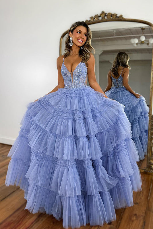 Sparkly Lilac A Line Beaded Long Tiered Corset Prom Dress With Slit Sexy