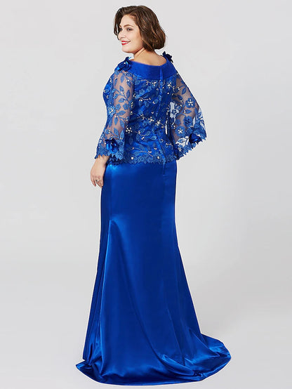 Mermaid / Trumpet Mother of the Bride Dress Formal Plus Size Elegant Bateau Neck Sweep / Brush Train Lace Over Charmeuse Long Sleeve No with Pleats