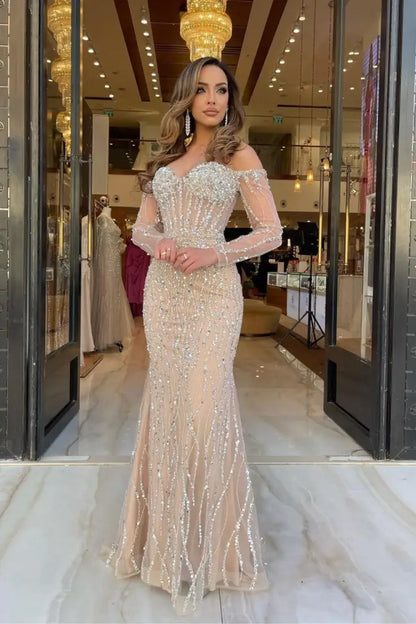 Champagne Sweetheart Mermaid Prom Dress Long Sleeves with Beadings