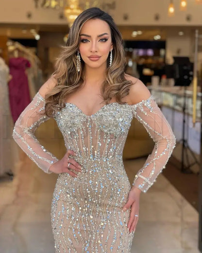 Champagne Sweetheart Mermaid Prom Dress Long Sleeves with Beadings