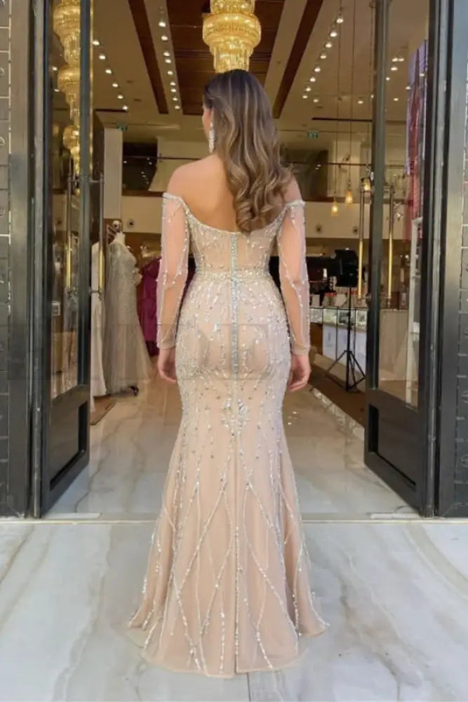 Champagne Sweetheart Mermaid Prom Dress Long Sleeves with Beadings