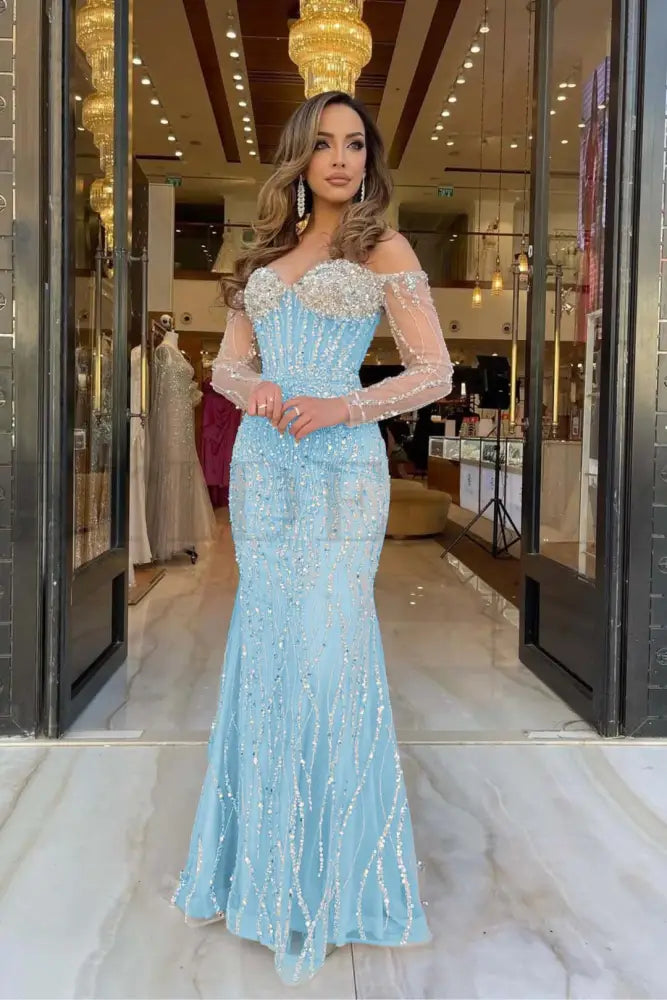 Champagne Sweetheart Mermaid Prom Dress Long Sleeves with Beadings