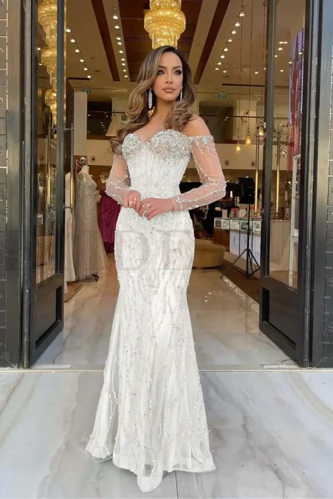 Champagne Sweetheart Mermaid Prom Dress Long Sleeves with Beadings