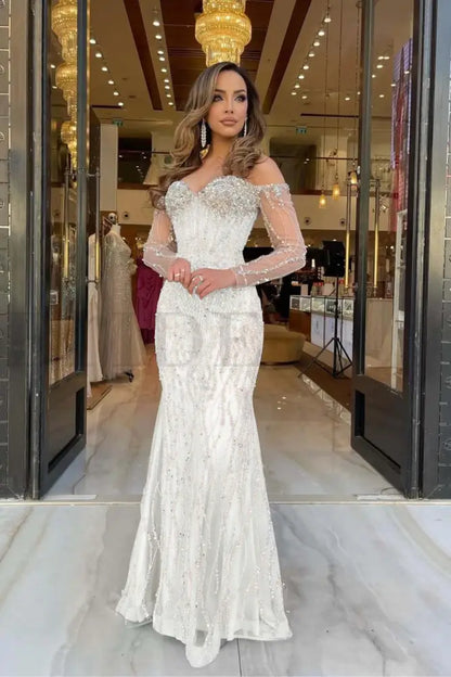 Champagne Sweetheart Mermaid Prom Dress Long Sleeves with Beadings