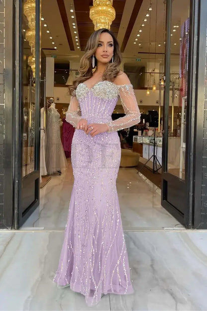 Champagne Sweetheart Mermaid Prom Dress Long Sleeves with Beadings