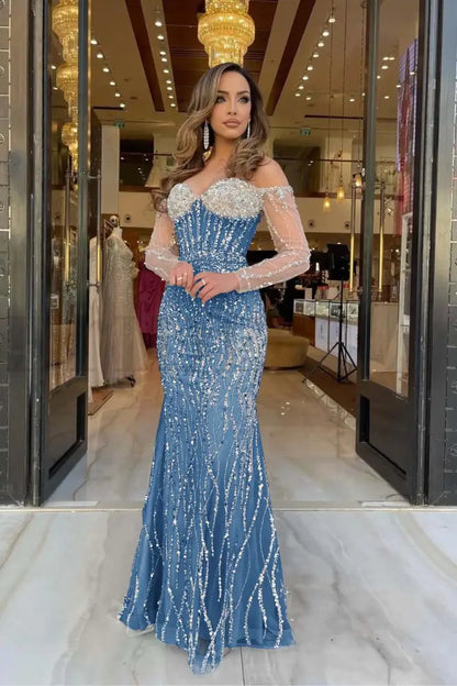 Champagne Sweetheart Mermaid Prom Dress Long Sleeves with Beadings