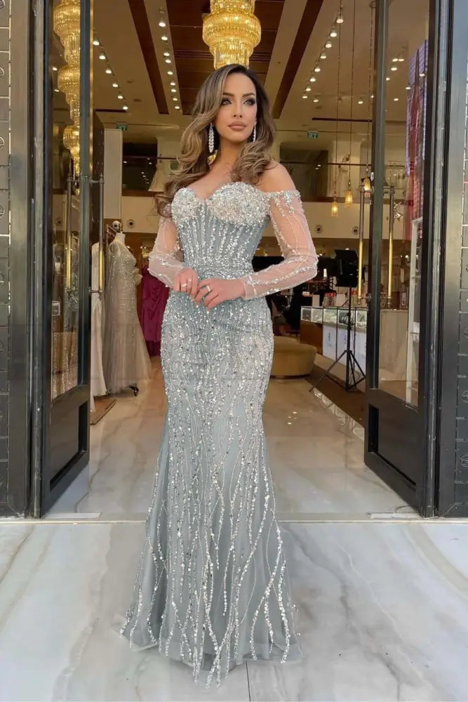 Champagne Sweetheart Mermaid Prom Dress Long Sleeves with Beadings
