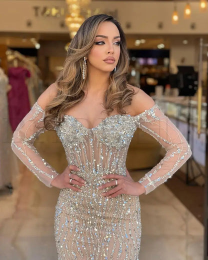 Champagne Sweetheart Mermaid Prom Dress Long Sleeves with Beadings