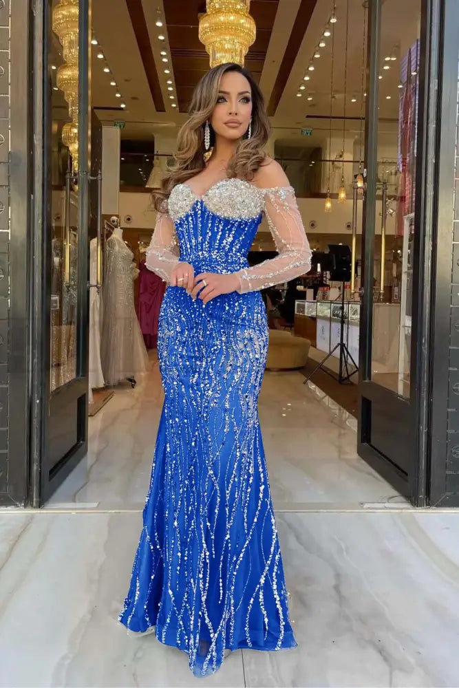Champagne Sweetheart Mermaid Prom Dress Long Sleeves with Beadings
