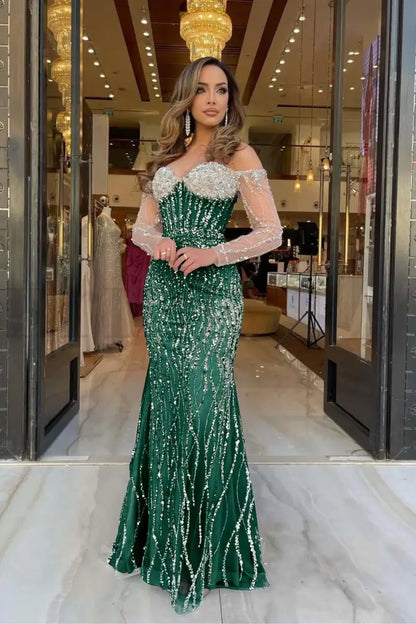 Champagne Sweetheart Mermaid Prom Dress Long Sleeves with Beadings