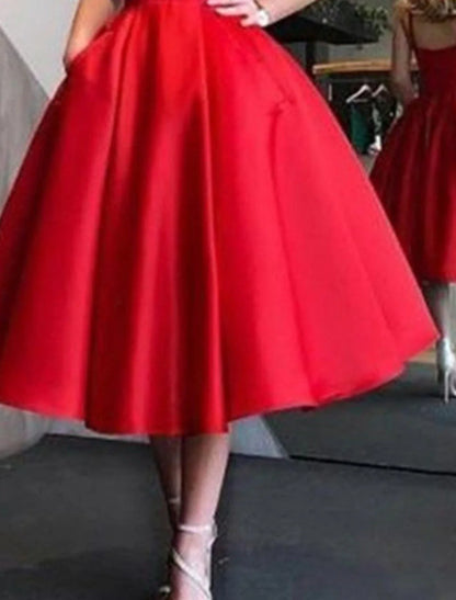 A-Line Homecoming Dresses Elegant Dress Holiday Graduation Tea Length Sleeveless Spaghetti Strap Pink Dress Satin with Pleats