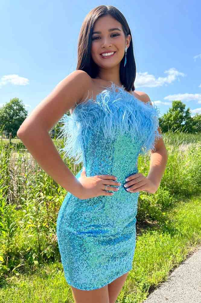 Feathered Strapless Bodycon Short Homecoming Dress