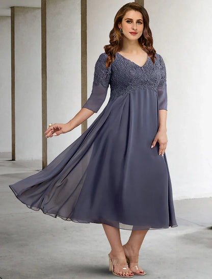 A-Line Plus Size Curve Mother of the Bride Dresses Elegant Dress Formal Wedding Guest Tea Length Half Sleeve V Neck Chiffon with Buttons Appliques
