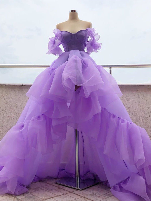 Off-the-Shoulder Purple Tulle High Low Prom Dresses Aline Evening Dresses