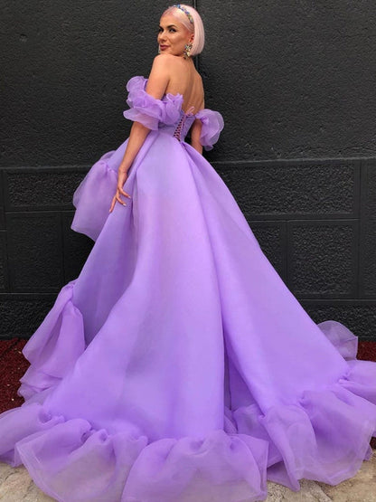 Off-the-Shoulder Purple Tulle High Low Prom Dresses Aline Evening Dresses