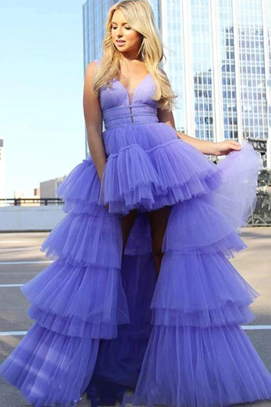 High Low V Neck Lilac Tulle Layered Long Prom Dresses, High Low Purple Formal Evening Dresses