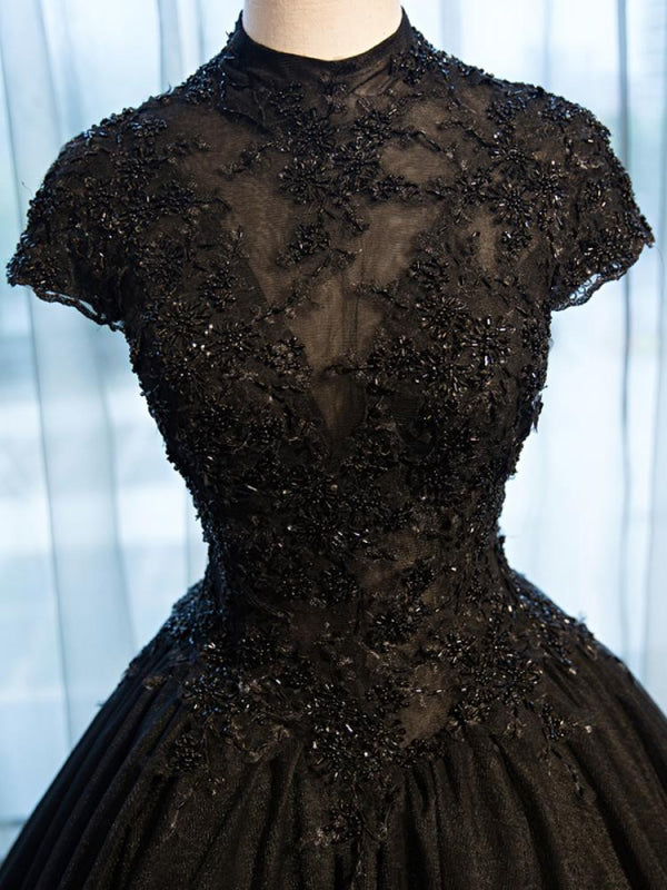 High Neck Beading Lace Black Wedding Dresses