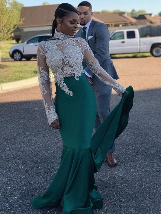 High Neck Long Sleeves Mermaid Satin Prom Dresses with Appliques